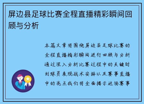 屏边县足球比赛全程直播精彩瞬间回顾与分析